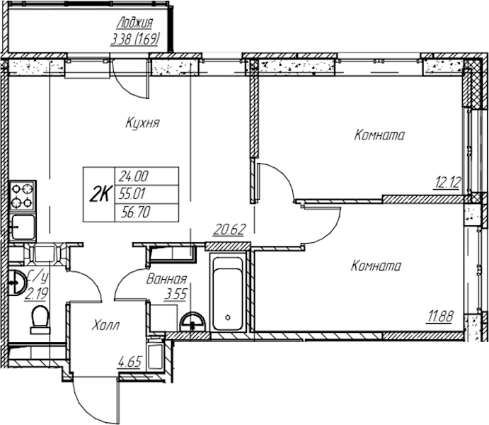 2-комнатная квартира 56.7 м², 4/22 эт., ЖК «Парк-квартал Юнтолово»